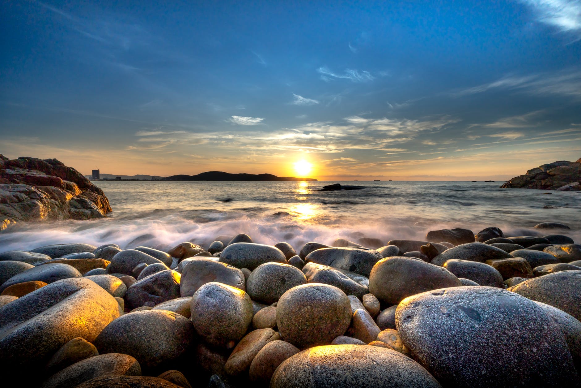 rocky beach during sunrise