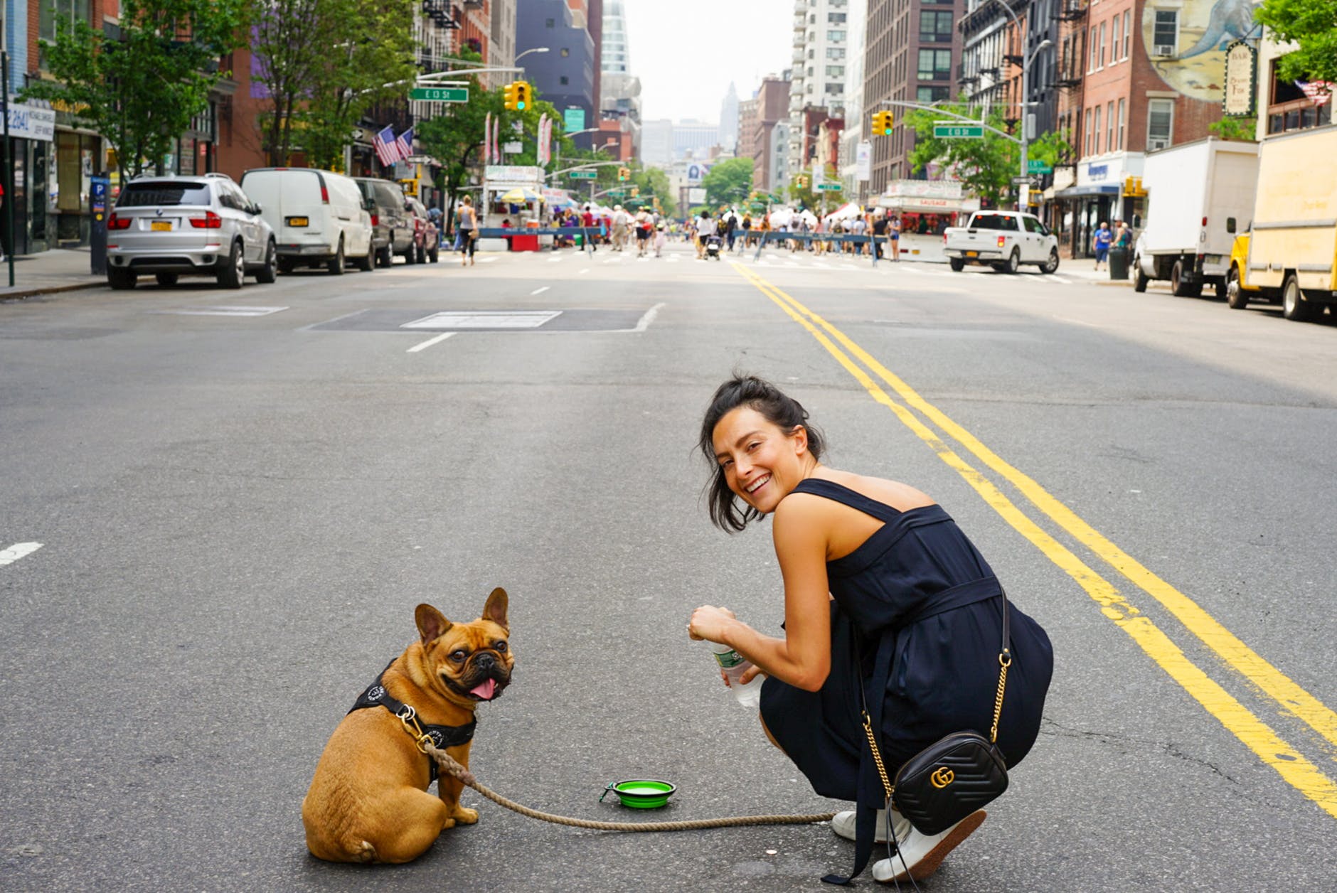 a woman in blue dress and her brown pug